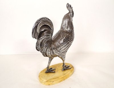 Scultura in argento massiccio Gallo che cammina Base in marmo Siena XIX secolo