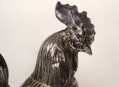 Scultura in argento massiccio Gallo che cammina Base in marmo Siena XIX secolo