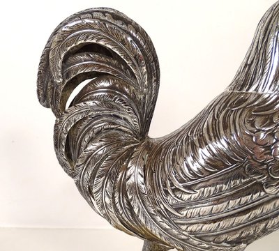 Scultura in argento massiccio Gallo che cammina Base in marmo Siena XIX secolo