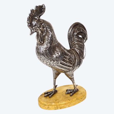 Scultura in argento massiccio Gallo che cammina Base in marmo Siena XIX secolo