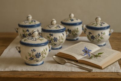 Set aus 5 alten Cremegläsern - Creil & Montereau - Kornblumen-Dekor - Barbecue-Service