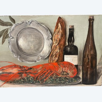 Nature Morte Au Homard - Huile Sur Toile Début XXème
