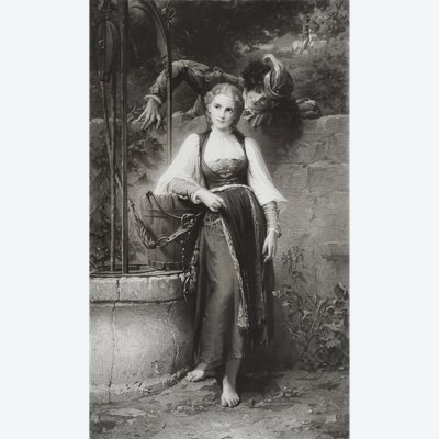 Gravure Ancienne d'Après A. Vely Par Herman Eichens Le Puits Qui Parle