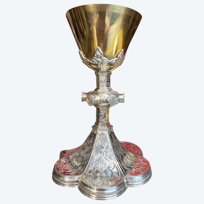 Neo-Gothic Style Chalice And Paten In Gilt - 19th Century