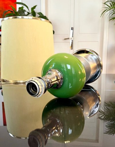 Lampada vintage in metallo stile spaziale con paralume in tessuto