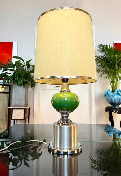 Lampada vintage in metallo stile spaziale con paralume in tessuto