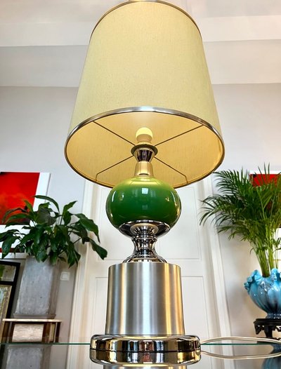 Lampada vintage in metallo stile spaziale con paralume in tessuto