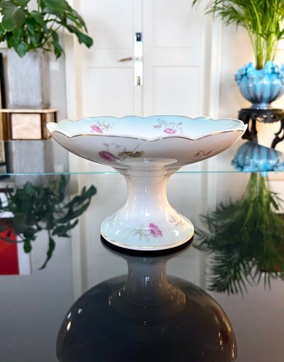 Compotier Et Plat De Service Porcelaine - Décor Monogrammes Fleurs d'œillets