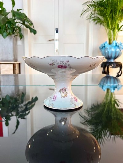 Compotier Et Plat De Service Porcelaine - Décor Monogrammes Fleurs d'œillets