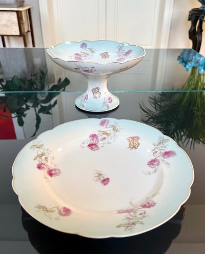 Compotier Et Plat De Service Porcelaine - Décor Monogrammes Fleurs d'œillets