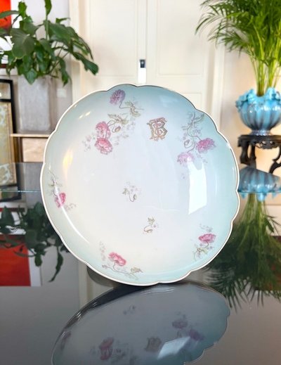 Compotier Et Plat De Service Porcelaine - Décor Monogrammes Fleurs d'œillets