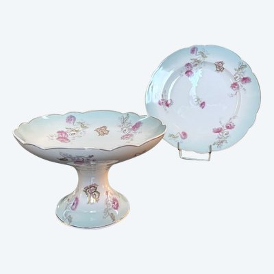 Compotier Et Plat De Service Porcelaine - Décor Monogrammes Fleurs d'œillets