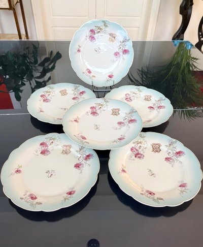 6 Assiettes à Dessert Entremets Initiales TB - Service De Table En Porcelaine - Fin 19e Siècle