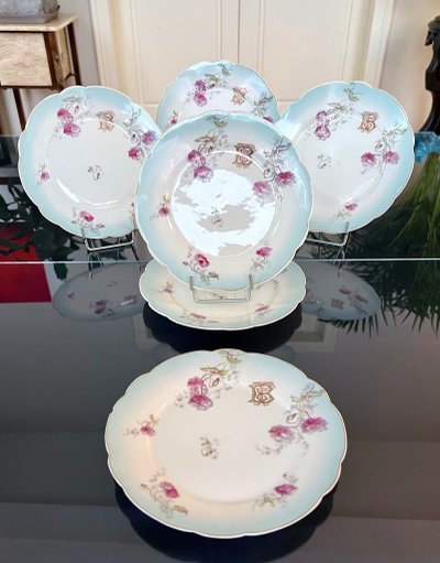 6 Assiettes à Dessert Entremets Initiales TB - Service De Table En Porcelaine - Fin 19e Siècle