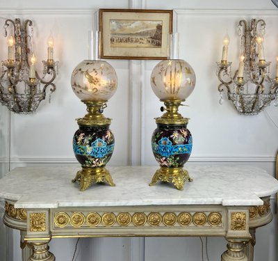 PAIR OF EARTHENWARE / CLOISONNÉ ENAMEL "BORDEAUX VIEILLARD" NAPOLEON III LAMPS