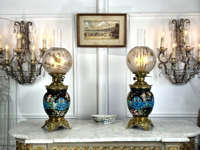 PAIR OF EARTHENWARE / CLOISONNÉ ENAMEL "BORDEAUX VIEILLARD" NAPOLEON III LAMPS