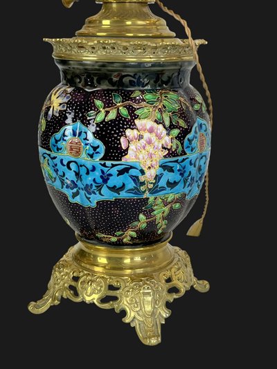 PAIR OF EARTHENWARE / CLOISONNÉ ENAMEL "BORDEAUX VIEILLARD" NAPOLEON III LAMPS