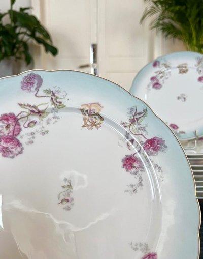 Fine Porcelain Dinner Plate Set - Monogrammed Carnation Flower Decor