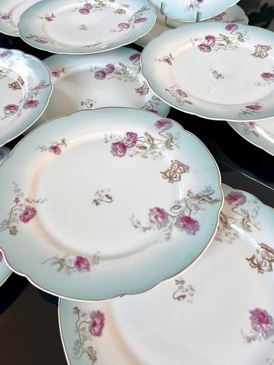Fine Porcelain Dinner Plate Set - Monogrammed Carnation Flower Decor
