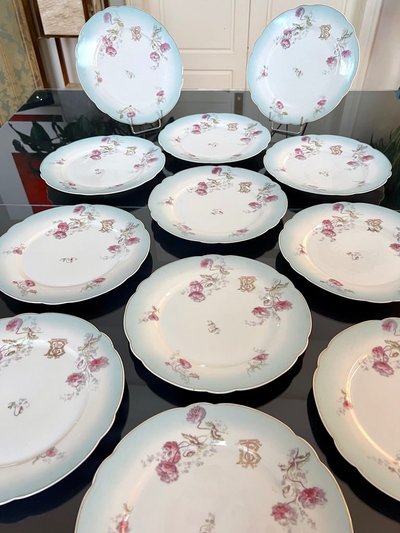 Fine Porcelain Dinner Plate Set - Monogrammed Carnation Flower Decor