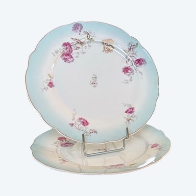Fine Porcelain Dinner Plate Set - Monogrammed Carnation Flower Decor