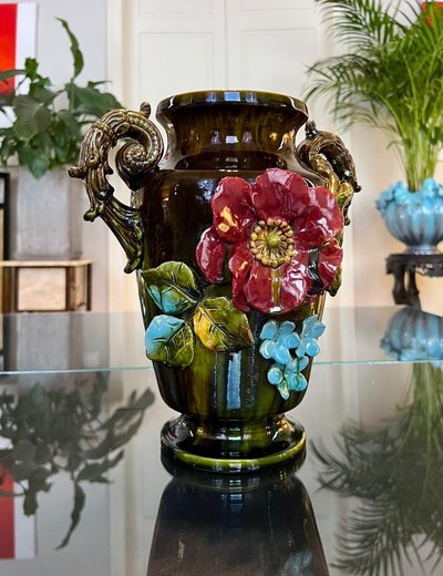 Vaso in terracotta Barbotina - Malvarosa - Nontiscordardime - Foglie d'acanto