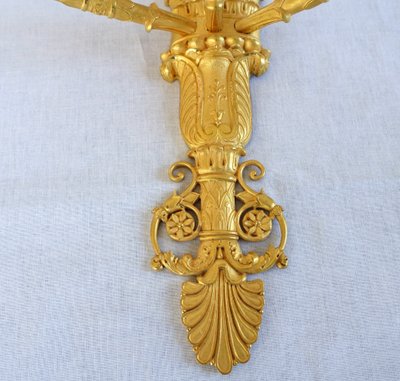Coppia di appliques in stile impero in bronzo dorato con mercurio, a 3 bracci - attribuite a Claude Galle