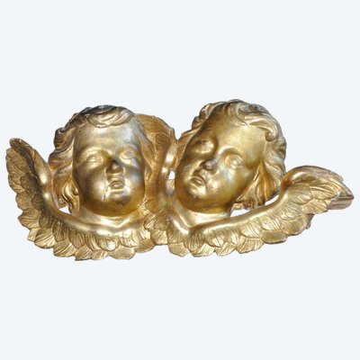 Bas-relief En Bois Doré Attribué à Jacques Bernus Deux Têtes D'angelots 18th Century