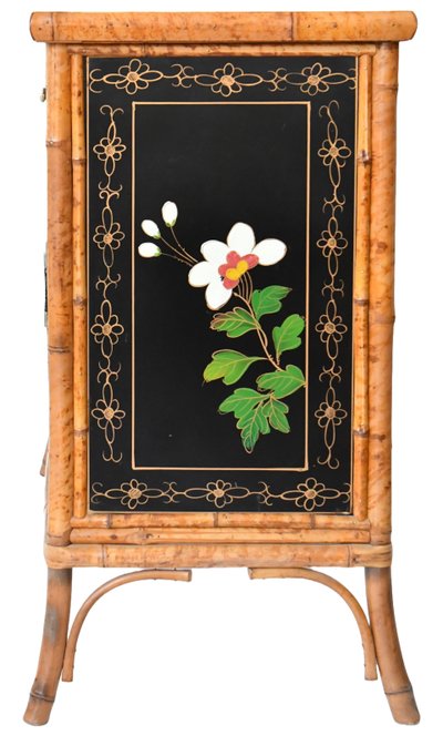 Japanese sideboard in bamboo and black lacquer enhanced with polychrome flowers
