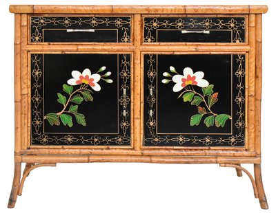 Japanese sideboard in bamboo and black lacquer enhanced with polychrome flowers
