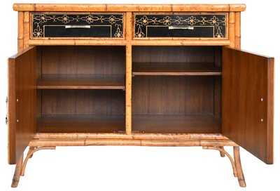Japanese sideboard in bamboo and black lacquer enhanced with polychrome flowers