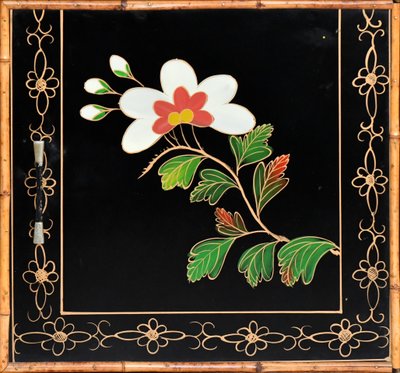 Japanese sideboard in bamboo and black lacquer enhanced with polychrome flowers