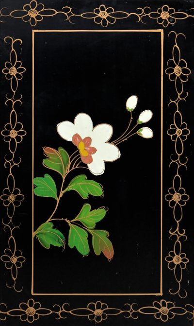 Japanese sideboard in bamboo and black lacquer enhanced with polychrome flowers