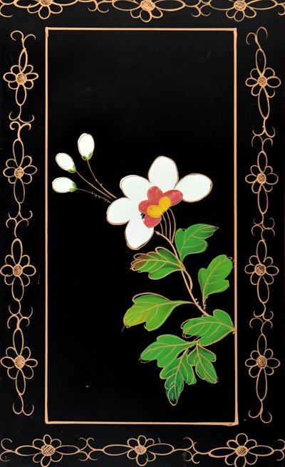 Japanese sideboard in bamboo and black lacquer enhanced with polychrome flowers