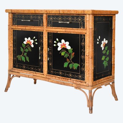 Japanese sideboard in bamboo and black lacquer enhanced with polychrome flowers