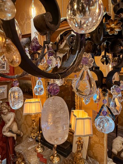 Wrought Iron and Gilded Iron Chandelier Adorned with Rock Crystal and Amethysts, circa 1870-1880
