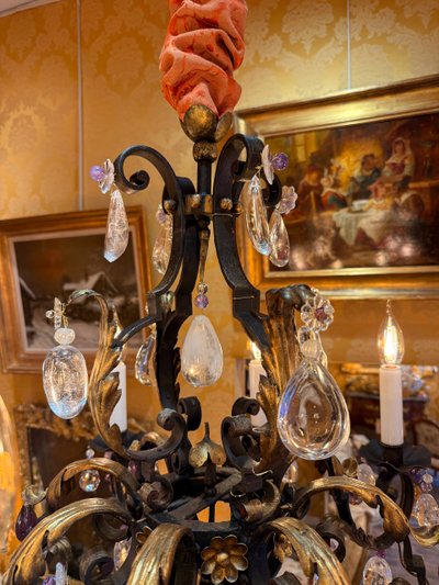 Wrought Iron and Gilded Iron Chandelier Adorned with Rock Crystal and Amethysts, circa 1870-1880
