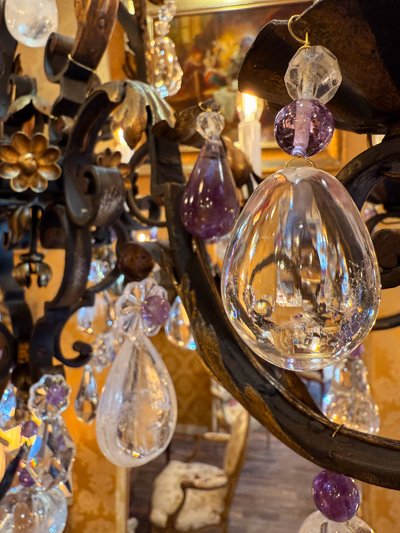 Wrought Iron and Gilded Iron Chandelier Adorned with Rock Crystal and Amethysts, circa 1870-1880