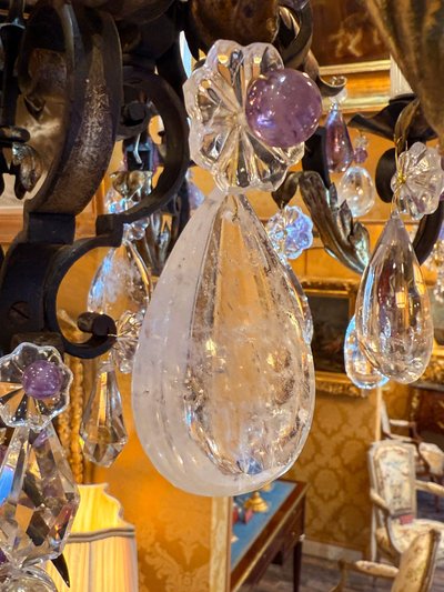 Wrought Iron and Gilded Iron Chandelier Adorned with Rock Crystal and Amethysts, circa 1870-1880