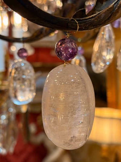 Wrought Iron and Gilded Iron Chandelier Adorned with Rock Crystal and Amethysts, circa 1870-1880