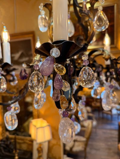 Wrought Iron and Gilded Iron Chandelier Adorned with Rock Crystal and Amethysts, circa 1870-1880