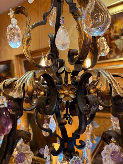 Wrought Iron and Gilded Iron Chandelier Adorned with Rock Crystal and Amethysts, circa 1870-1880