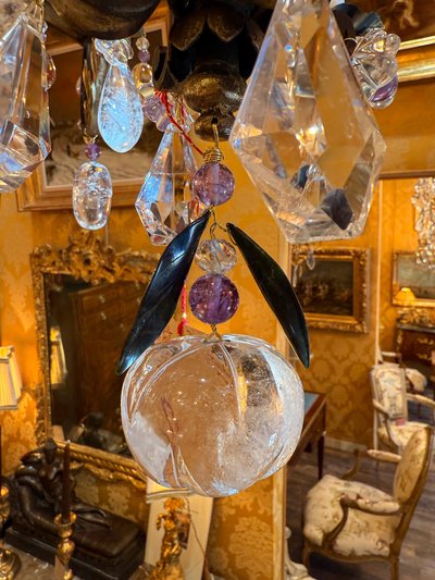 Wrought Iron and Gilded Iron Chandelier Adorned with Rock Crystal and Amethysts, circa 1870-1880
