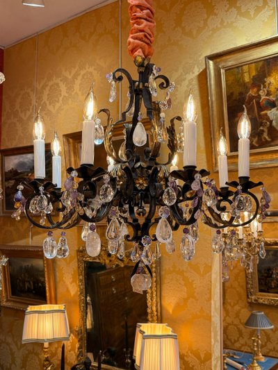 Wrought Iron and Gilded Iron Chandelier Adorned with Rock Crystal and Amethysts, circa 1870-1880