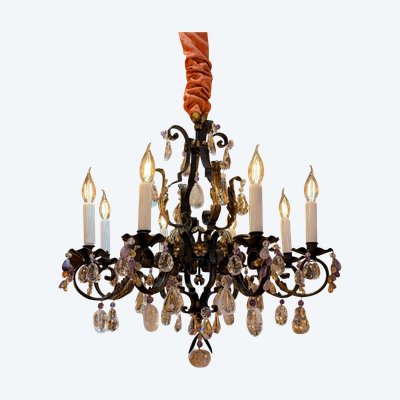 Wrought Iron and Gilded Iron Chandelier Adorned with Rock Crystal and Amethysts, circa 1870-1880