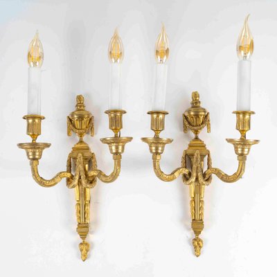 Pair of Two-Light Bronze and Gilt Wall Sconces in Louis XVI Style vers 1800