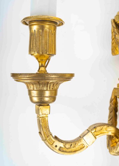 Pair of Two-Light Bronze and Gilt Wall Sconces in Louis XVI Style vers 1800