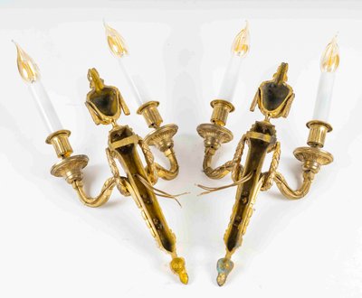 Pair of Two-Light Bronze and Gilt Wall Sconces in Louis XVI Style vers 1800