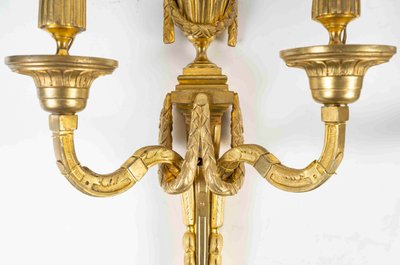 Pair of Two-Light Bronze and Gilt Wall Sconces in Louis XVI Style vers 1800