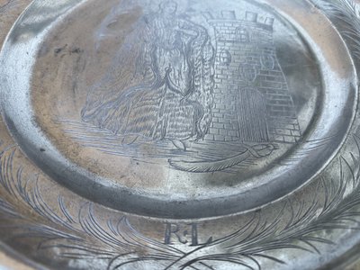 Pewter Dish With Engraved Decor Of Saint Barbara -1747